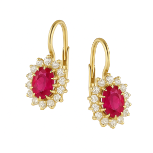 Kolczyki złote owalna markiza z czerwoną cyrkonią