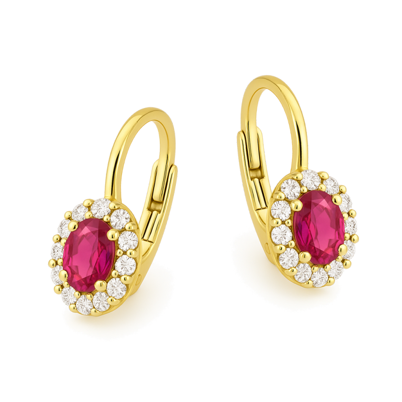 Kolczyki złote owalna markiza z czerwoną cyrkonią