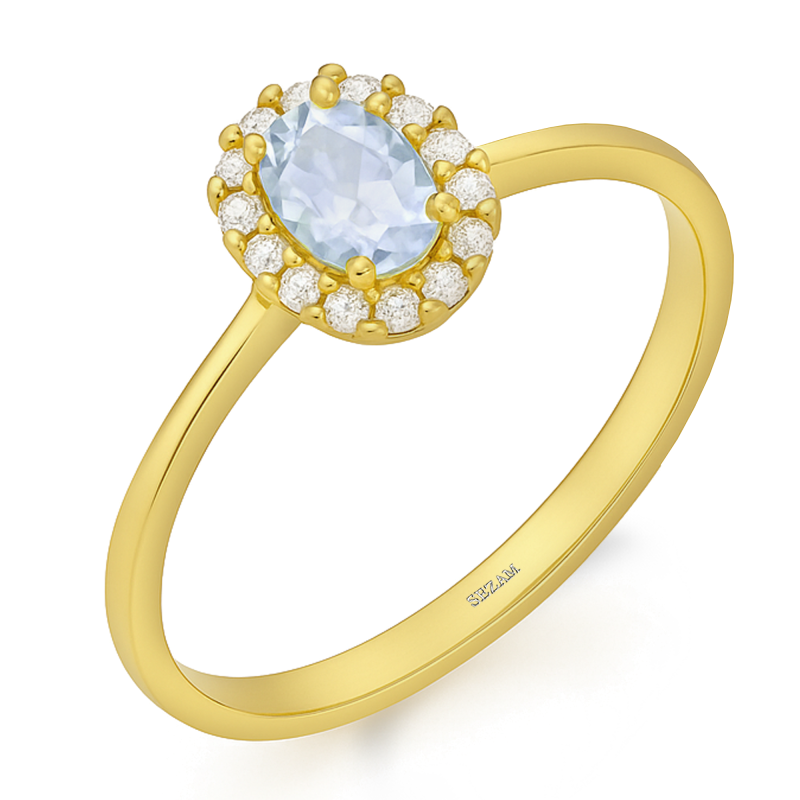 Pierścionek złoty owalna markiza z jasno-niebieską cyrkonią