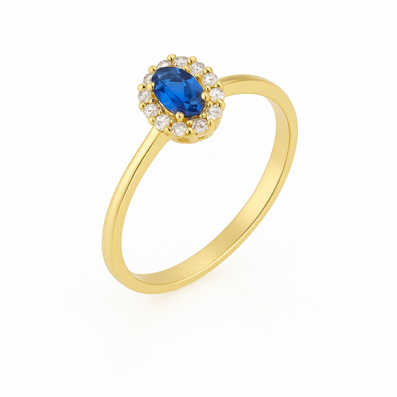 Pierścionek złoty markiza z szafirową cyrkonią