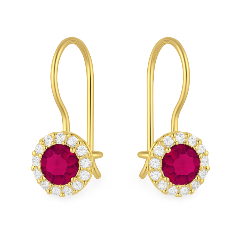 Kolczyki złote z ciemno-różową cyrkonią