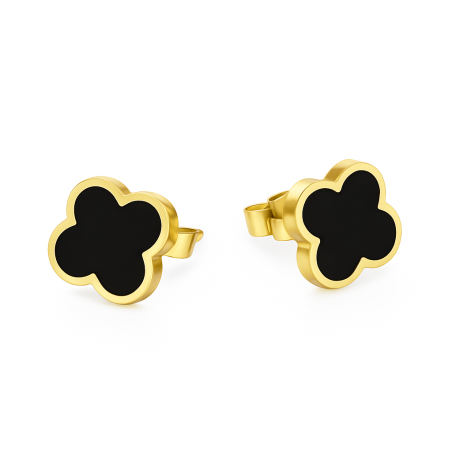 Kolczyki złote koniczyna z czarną emalią