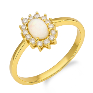 Pierścionek złoty z opalem i cyrkoniami