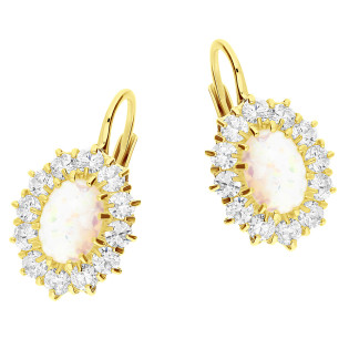 Kolczyki złote z białym opalem jubilerskim i cyrkoniami OS 96-0009 OPL próba 585