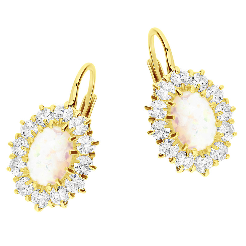 Kolczyki złote z białym opalem jubilerskim i cyrkoniami OS 96-0009 OPL próba 585