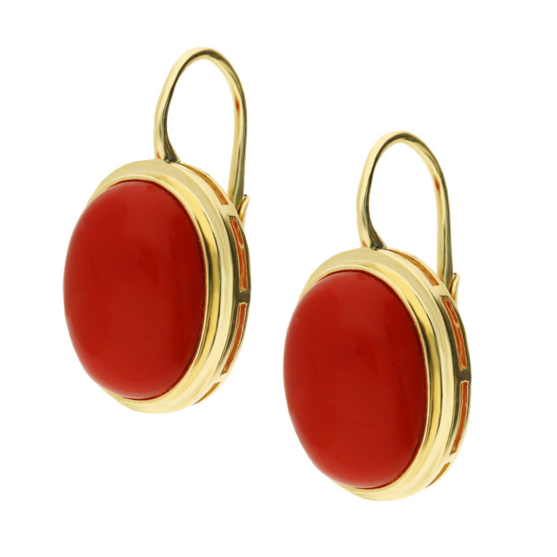 Kolczyki złote z koralem jubilerskim w gładkiej oprawie