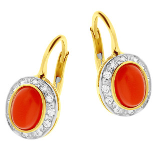 Kolczyki złote z czerwonym koralem jubilerskim i cyrkoniami próba 585