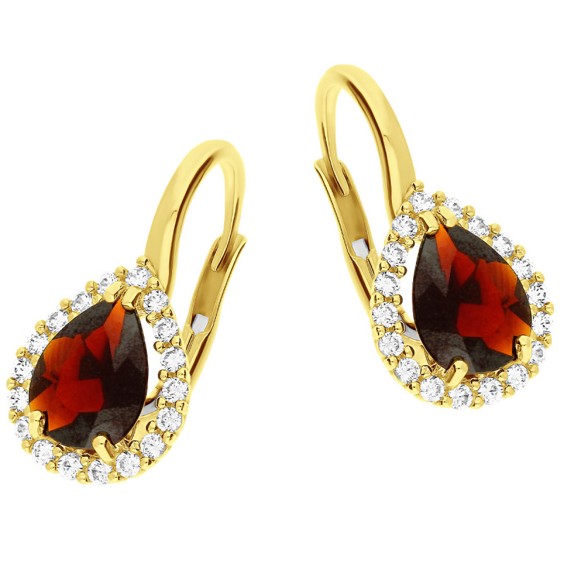 Kolczyki złote kropla z granatem i cyrkoniami OS 96-3136 GRA próba 585