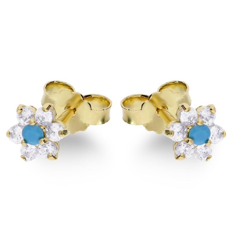 Kolczyki złote kwiatek z białymi cyrkoniami i turkusem jubilerskim próba 585