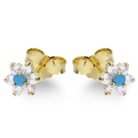 Kolczyki złote kwiatek z białymi cyrkoniami i turkusem jubilerskim próba 585