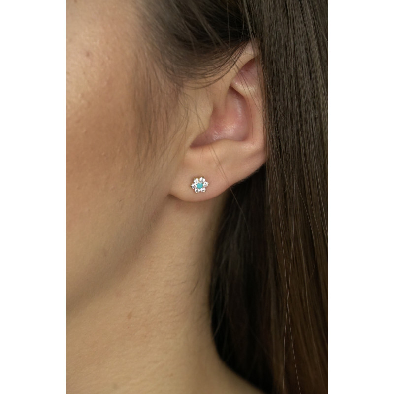 Kolczyki złote kwiatek z białymi cyrkoniami i turkusem jubilerskim próba 585