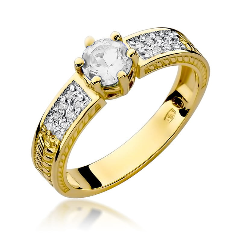 Pierścionek zaręczynowy z białym szafirem i diamentami próba 585