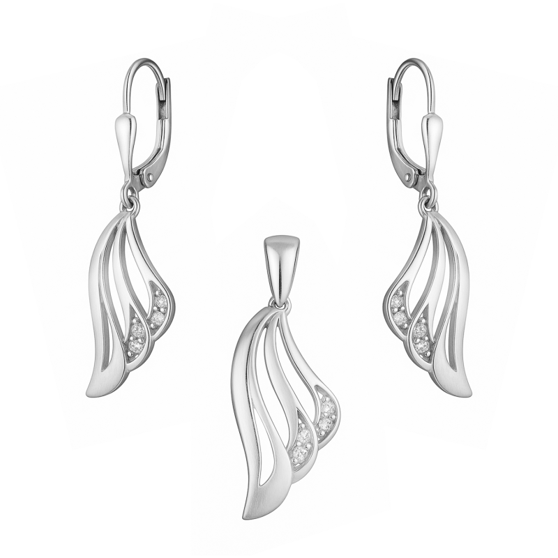 Komplet srebrny kolczyki i zawieszka ażurowe skrzydło