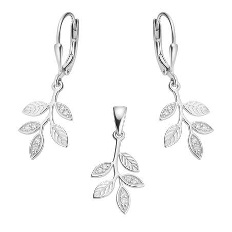 Komplet srebrny kolczyki i zawieszka gałązka z liśćmi