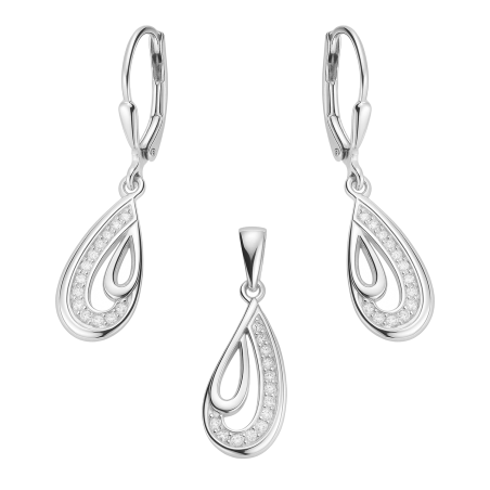 Komplet srebrny kolczyki i zawieszka ażurowa kropla z cyrkoniami