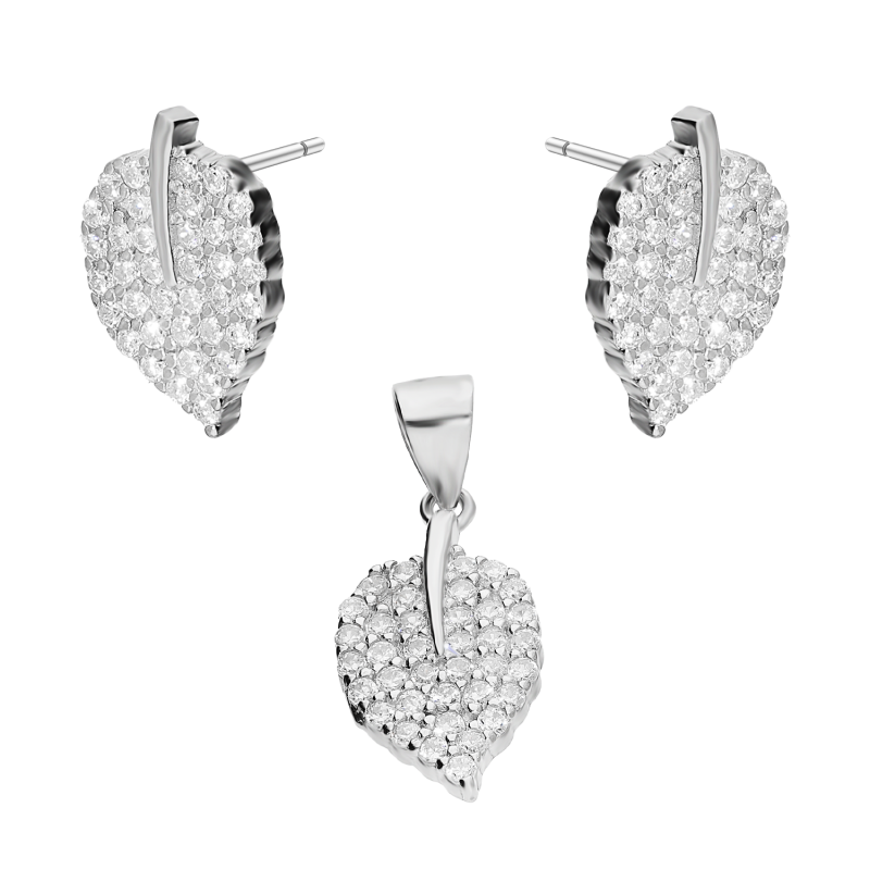 Komplet srebrny kolczyki i zawieszka liść z cyrkoniami