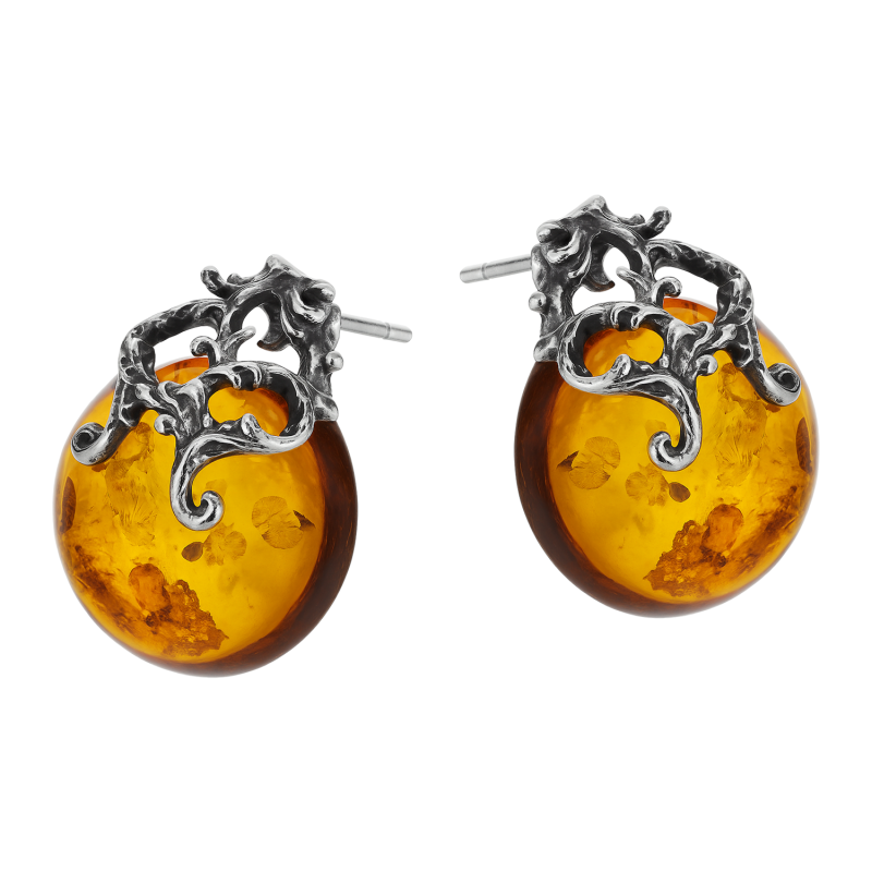 Kolczyki srebrne koło z bursztynem i ornamentem