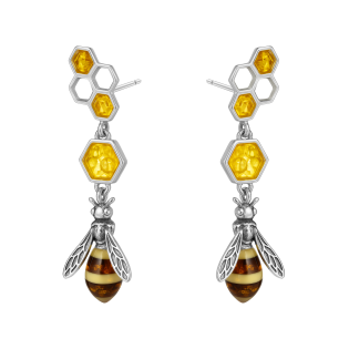 Srebrne Kolczyki Pszczoła z Bursztynem i Miodem - JubilerSezam.pl