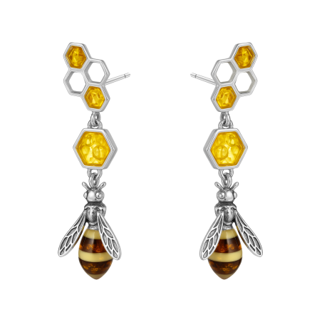 Kolczyki srebrne pszczoła z plastrami miodu