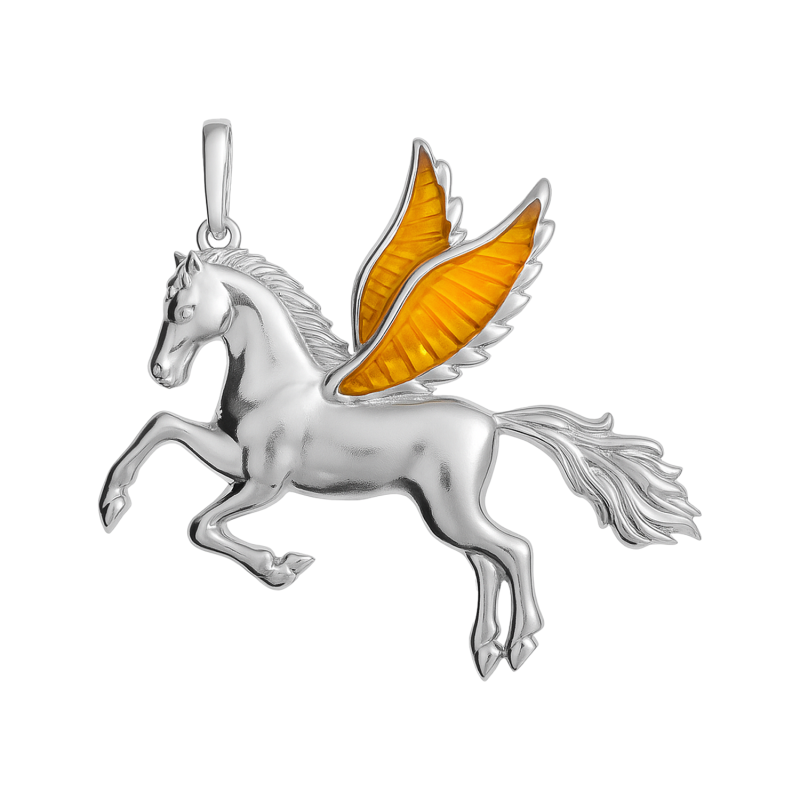 Srebrna broszka Pegaz z bursztynem miodowym - JubilerSezam.pl