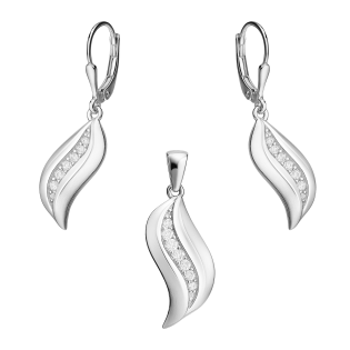 Komplet srebrny kolczyki i zawieszka liść z cyrkoniami