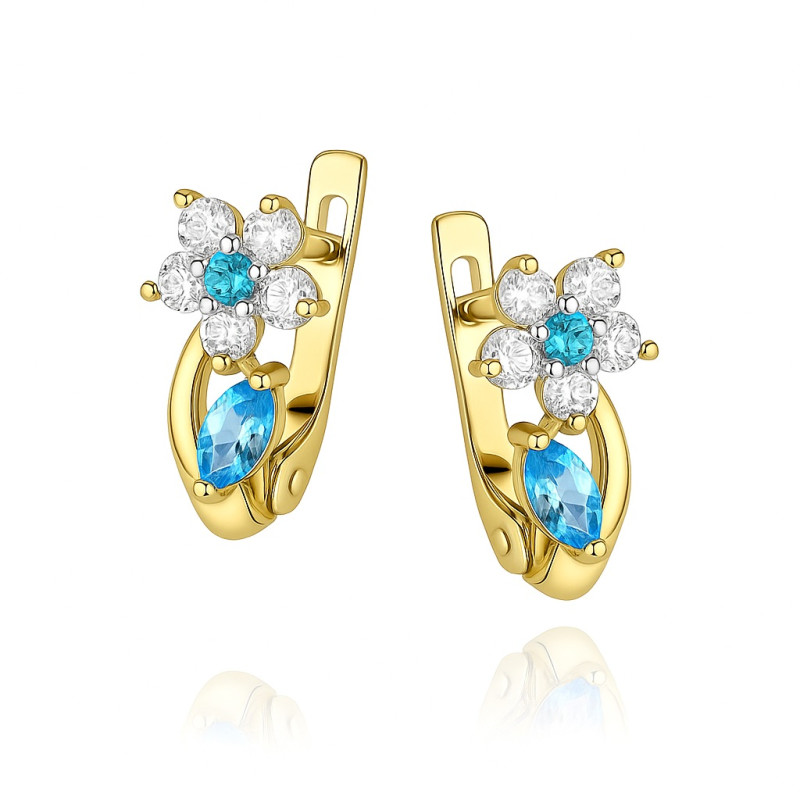 Kolczyki złote dla diewczynki kwiatek z cyrkonią białą i niebieską próba 375