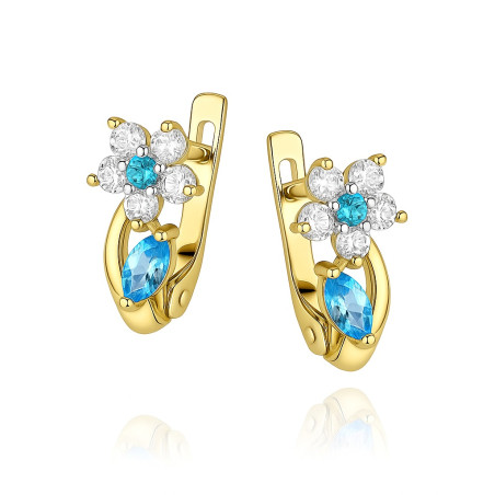 Kolczyki złote dla diewczynki kwiatek z cyrkonią białą i niebieską próba 375