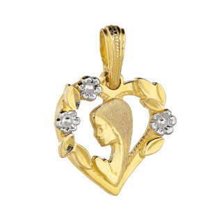 Medalik złoty Główka Matki Boskiej w sercu z kwiatami