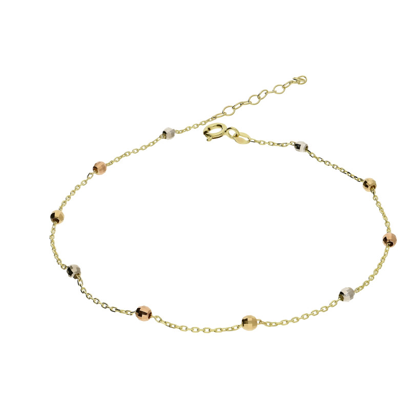 Bransoleta złota trzy kolory na nogę z grawerowanymi kulkami