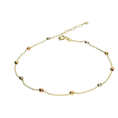 Bransoleta złota trzy kolory na nogę z grawerowanymi kulkami