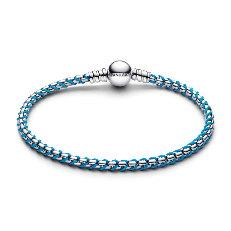 Bransoletka Pandora o splocie typu kostka przeplatana niebieskim sznurkiem 593816C01