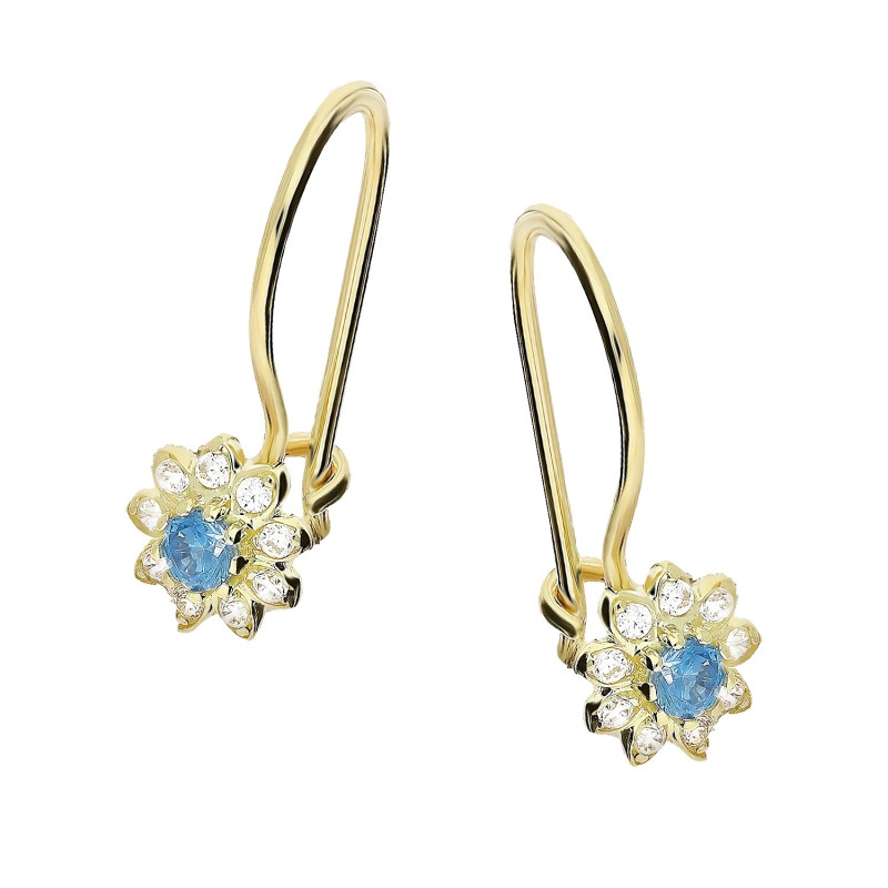 Kolczyki złote kwiatki cyrkonie błękitne i białe próba 375