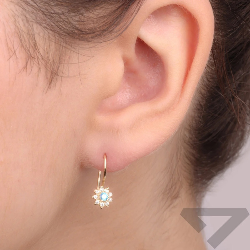 Kolczyki złote kwiatki cyrkonie błękitne i białe próba 375