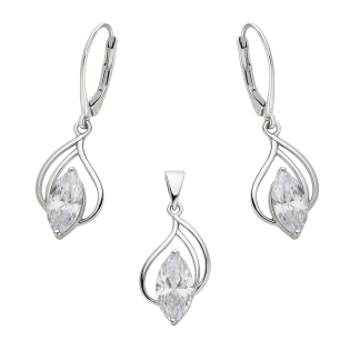 Komplet srebrny kolczyki i zawieszka kropla z białą cyrkonią