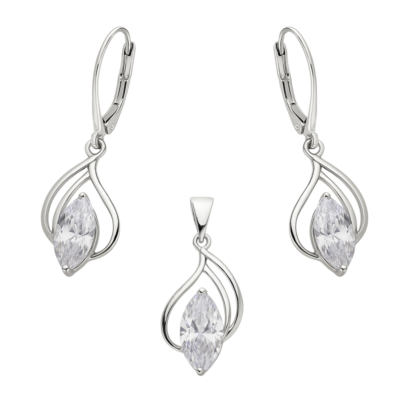Komplet srebrny kolczyki i zawieszka kropla z białą cyrkonią