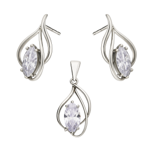 Komplet srebrny kolczyki i zawieszka kropla z białą cyrkonią