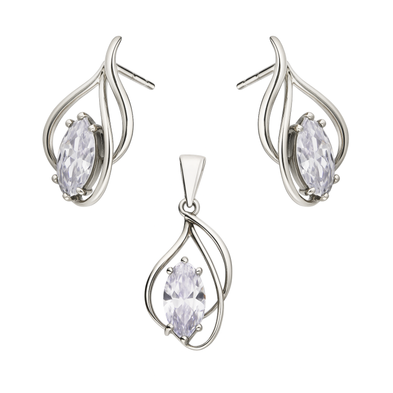 Komplet srebrny kolczyki i zawieszka kropla z białą cyrkonią