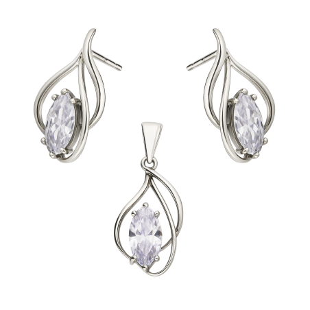 Komplet srebrny kolczyki i zawieszka kropla z białą cyrkonią
