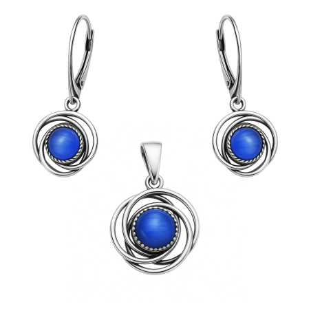 Komplet srebrny kolczyki i zawieszka koło z jasno-niebieskim kamieniem