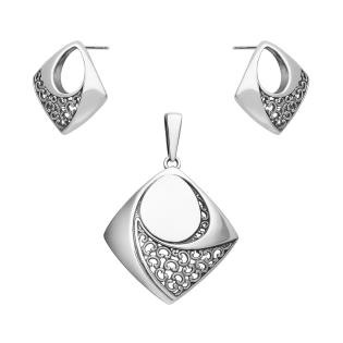 Komplet srebrny kolczyki i zawieszka ażurowy romb