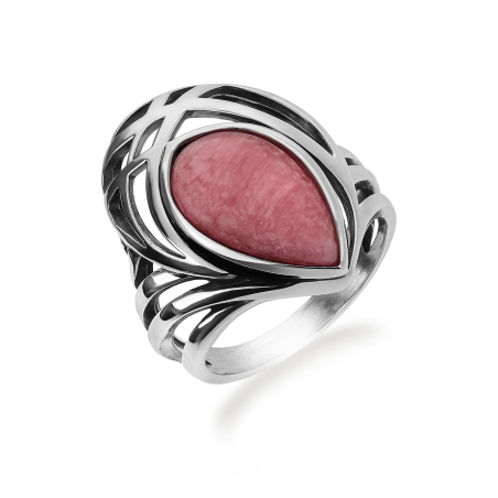 Pierścionek srebrny ażurowa kropla z różowym opalem