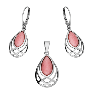 Komplet srebrny kolczyki i zawieszka kropla z różowym opalem