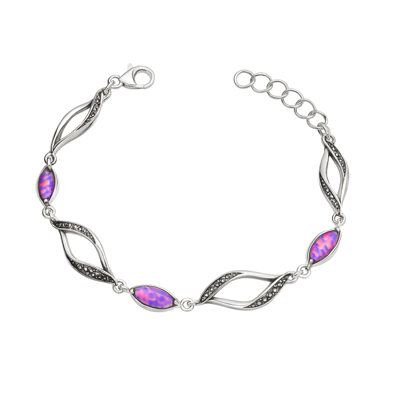 Bransoleta srebrna ażurowe łezki z fioletowym opalem