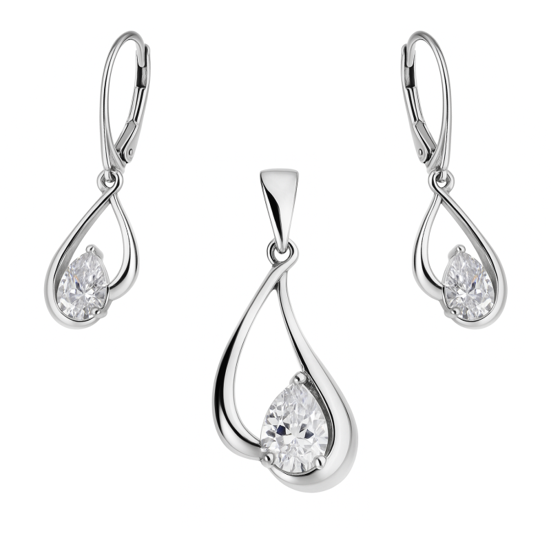 Komplet srebrny kolczyki i zawieszka cyrkonia kropla
