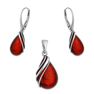 Komplet srebrny kolczyki i zawieszka kropla z opalem żurawinowym