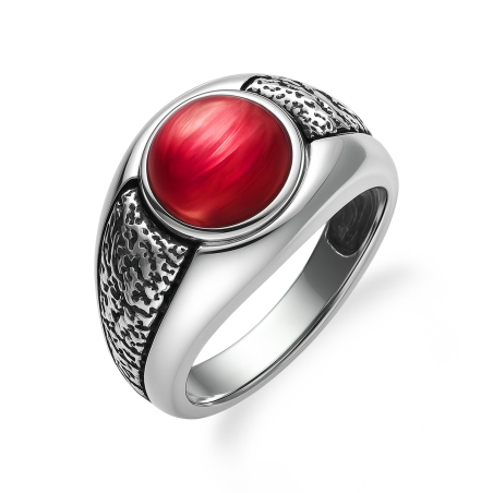 Pierścionek srebrny ażurowa szyna z malinowym kamieniem