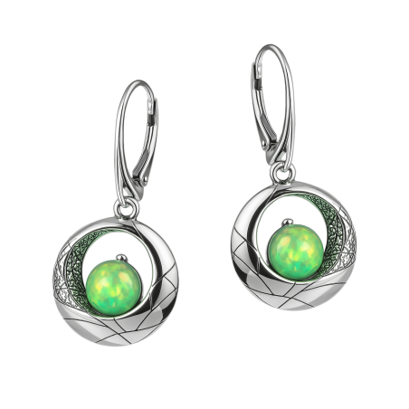 Kolczyki srebrne koło ramka z zielonym opalem