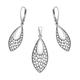 Komplet srebrny kolczyki i zawieszka ażurowa kropla