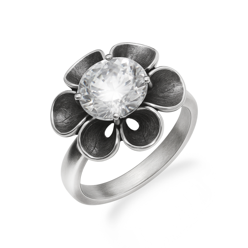 Pierścionek srebrny kwiat z białą cyrkonią