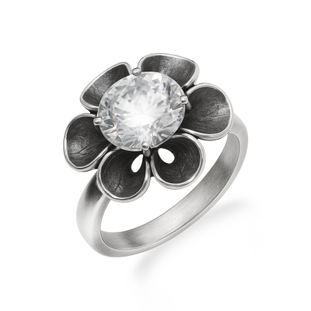 Pierścionek srebrny kwiat z białą cyrkonią